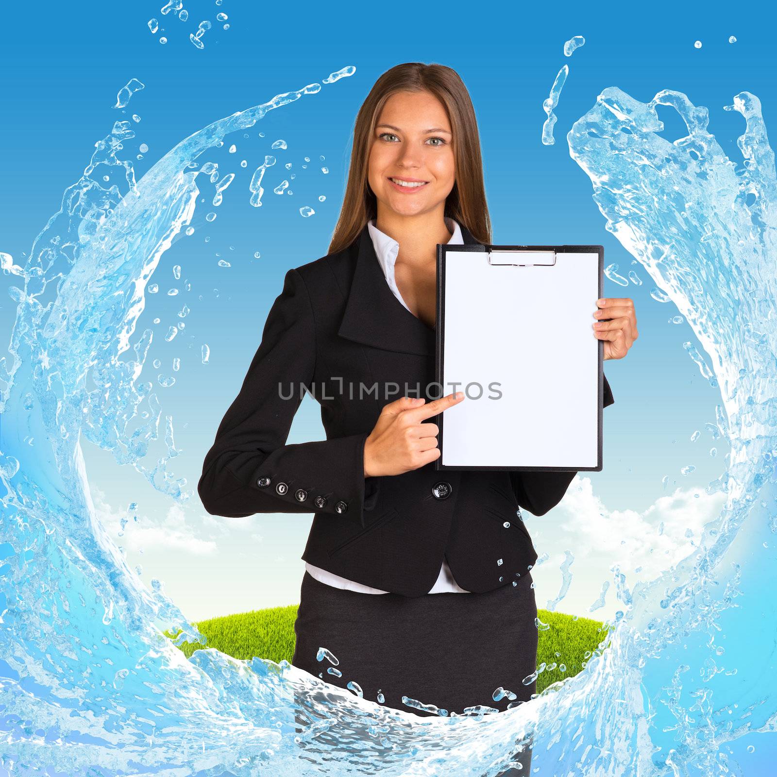 Businesswoman holding paper holder. Water splash and landscape as backdrop