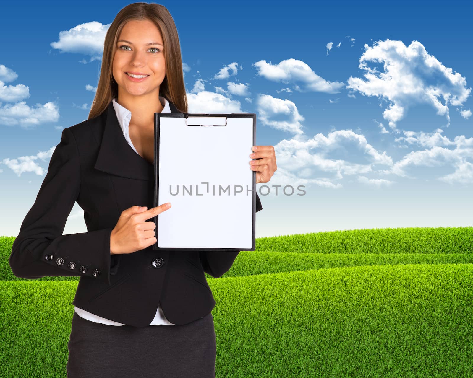 Businesswoman holding paper holder. Landscape as backdrop