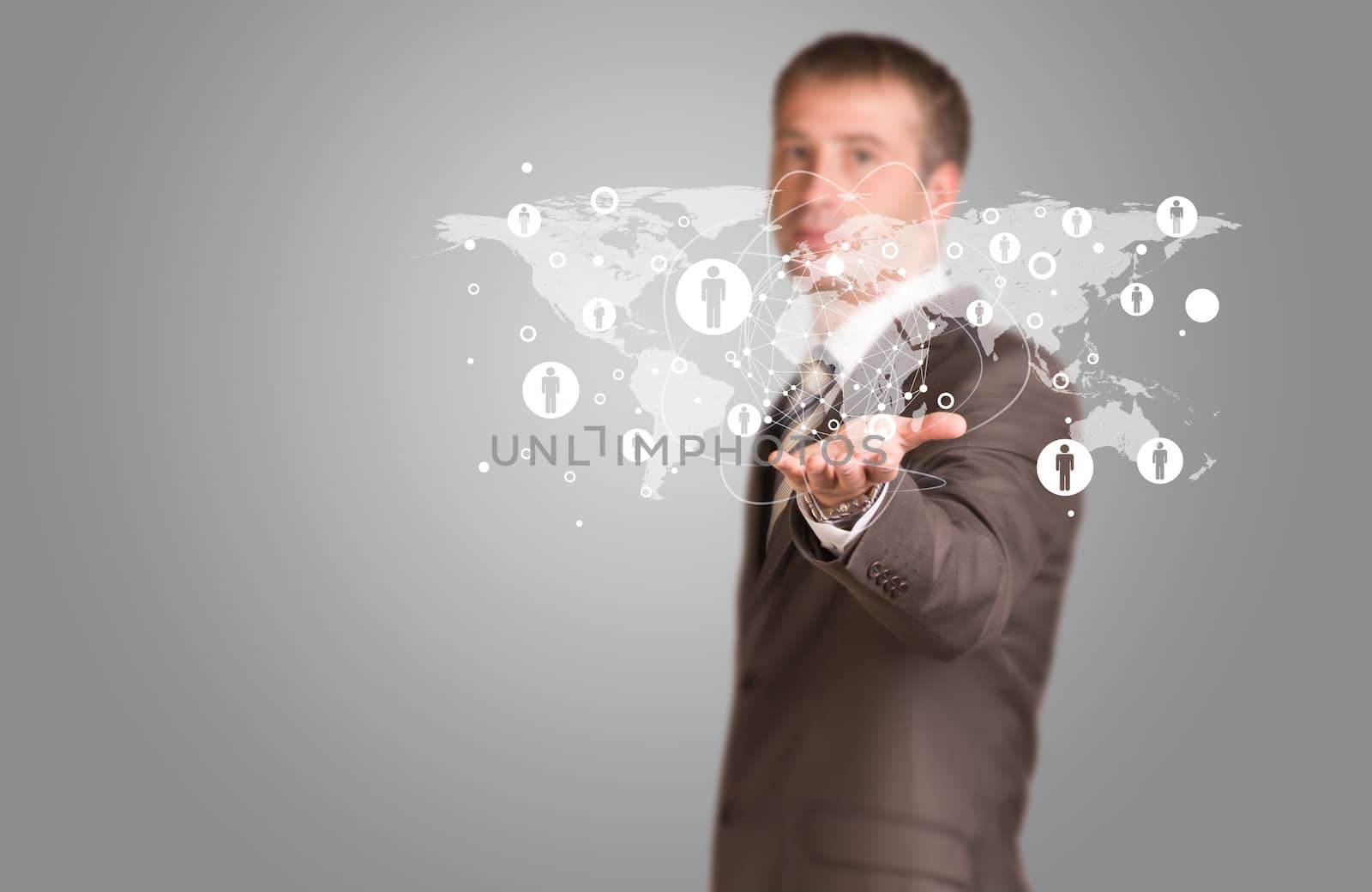 Businessman in a suit hold virtual world map with contacts. The concept of global contacts