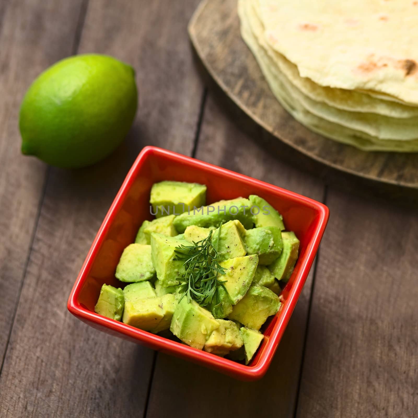 Fresh avocado salad prepared with lime juice, pepper, salt and garnished with fresh coriander leaves, homemade tortillas in the back (Selective Focus, Focus in the middle of the salad)  