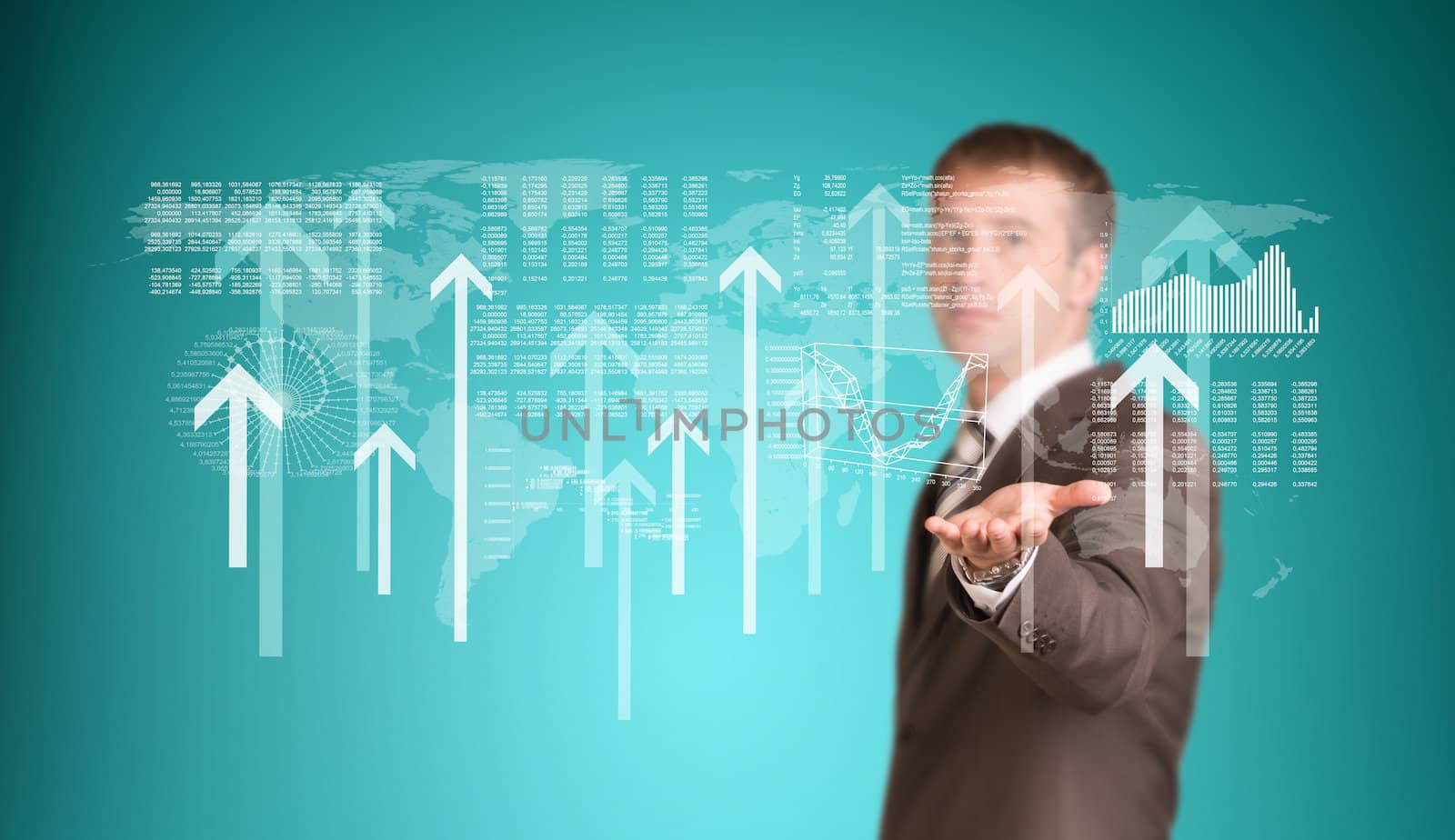 Businessman with graphs and arrows. Business concept