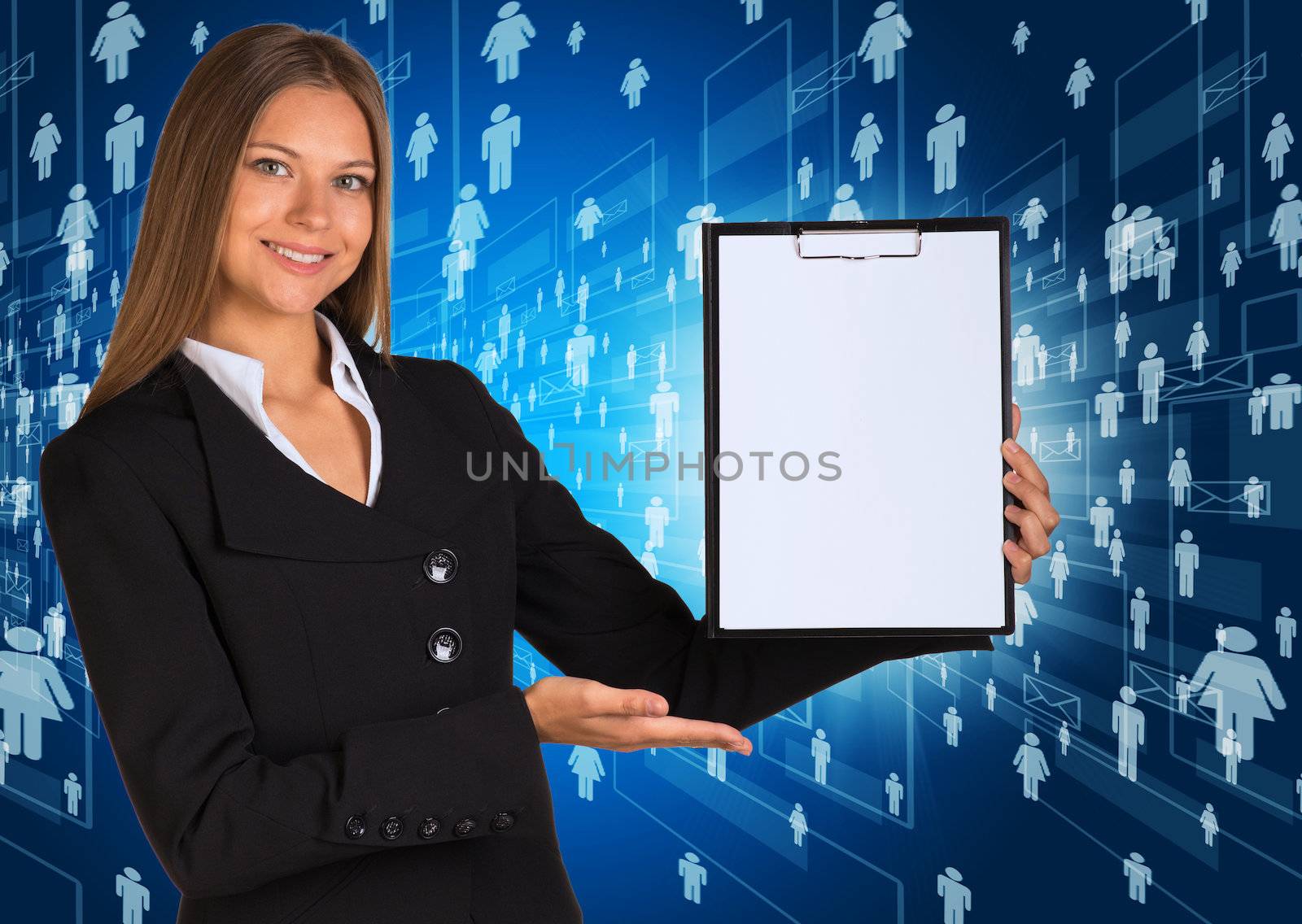 Businesswoman holding paper holder. People icons as backdrop