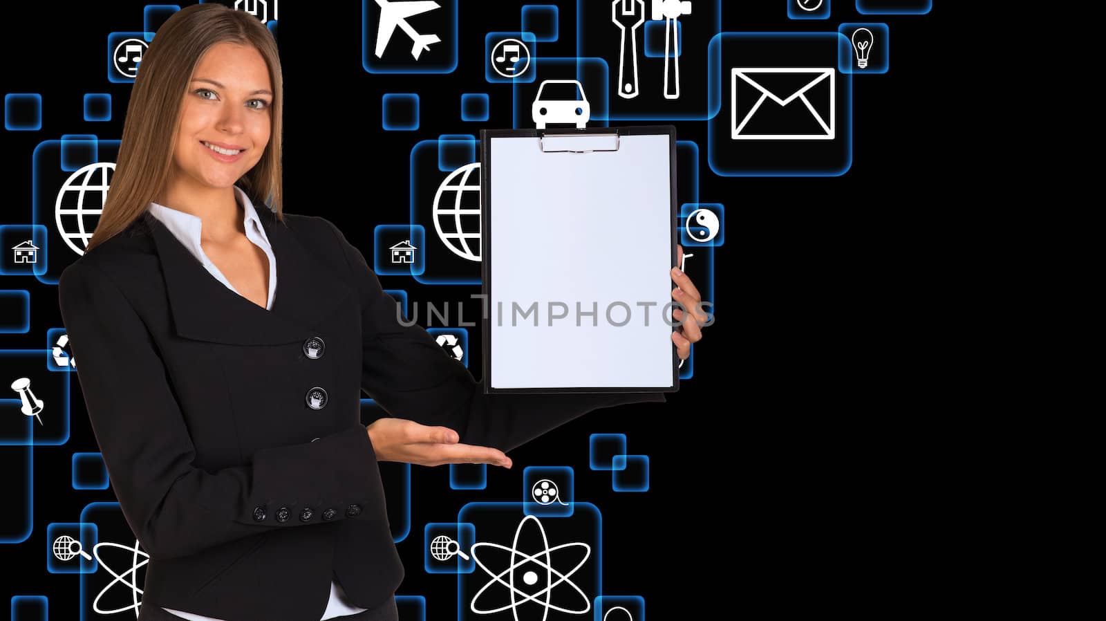 Businesswoman holding paper holder. Application icons as backdrop