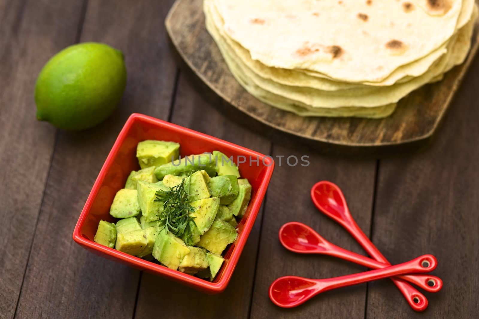 Fresh avocado salad prepared with lime juice, pepper, salt and garnished with fresh coriander leaves, homemade tortillas in the back (Selective Focus, Focus in the middle of the salad)  