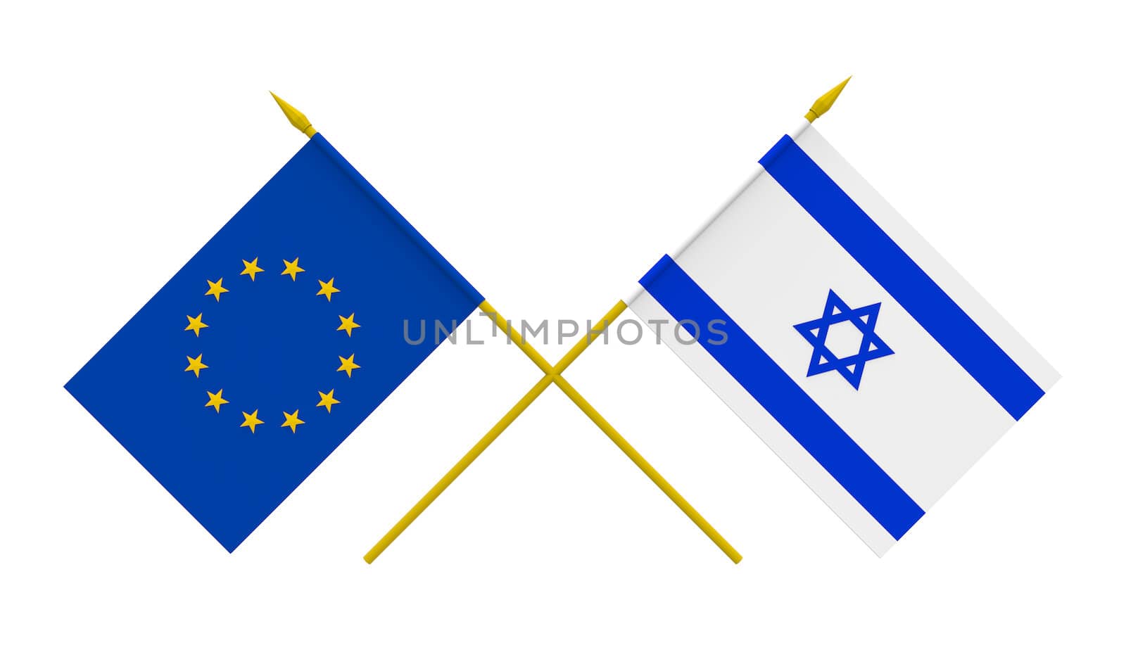 Flags of Israel and European Union, 3d render, isolated on white