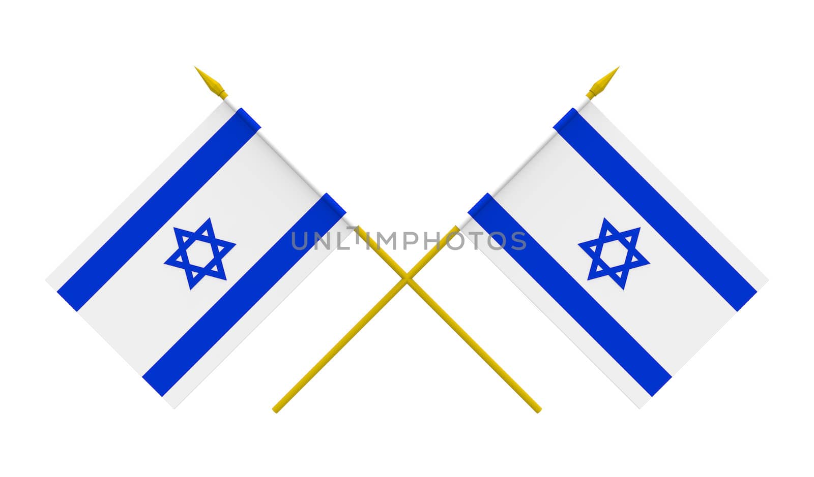 Two crossed flags of Israel, 3d render, isolated on white