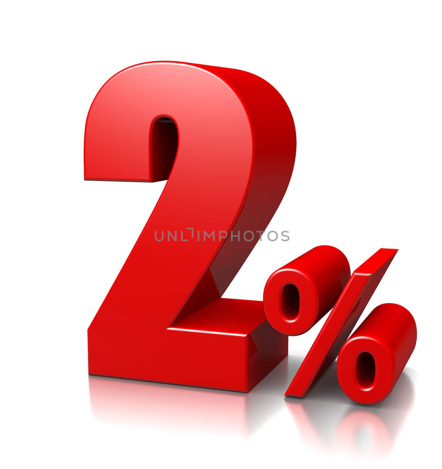 Red Two Percent Number on White Background 3D Illustration
