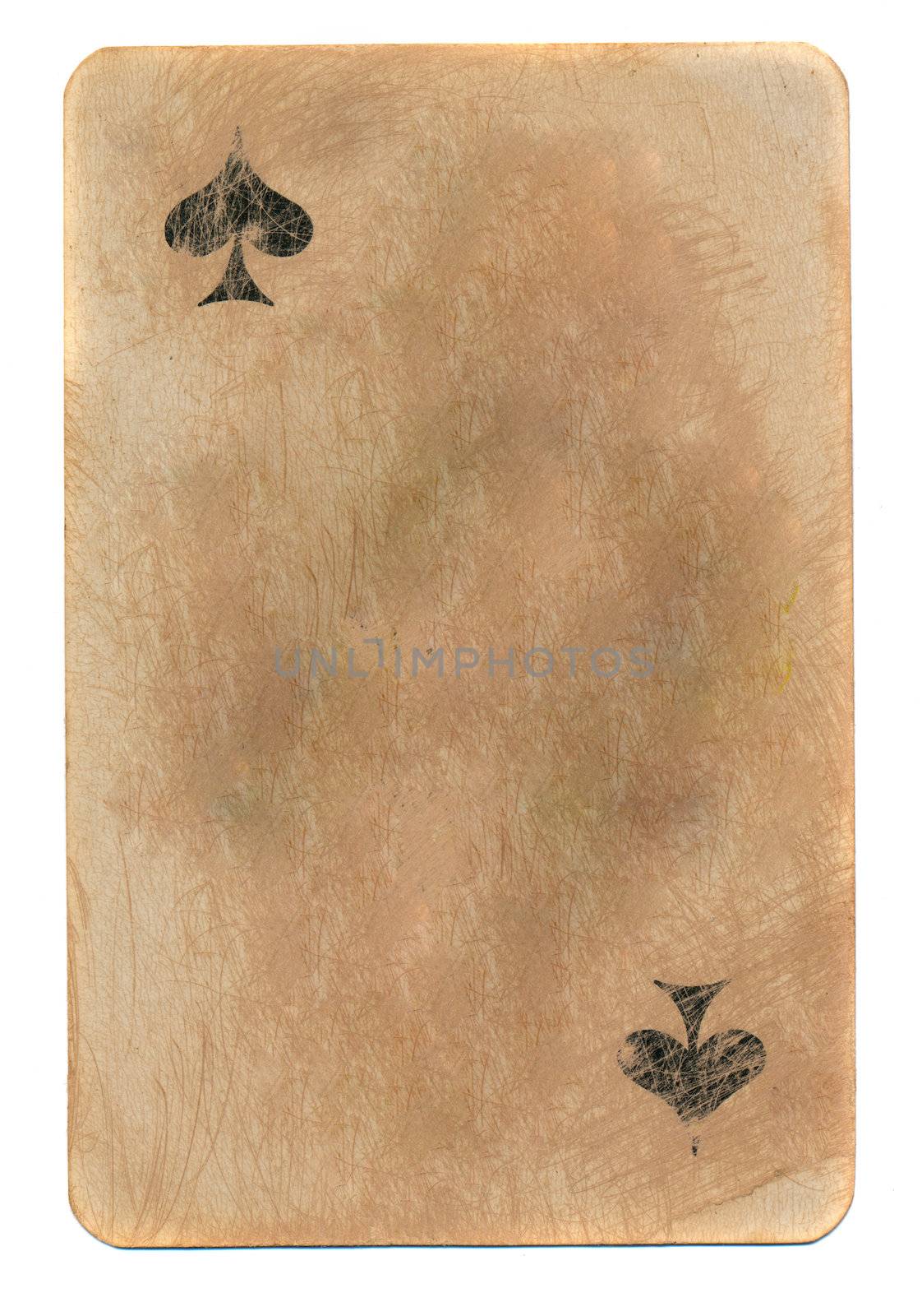 empty rubbed ace of spades playing card paper background with two signs. Isolated on white