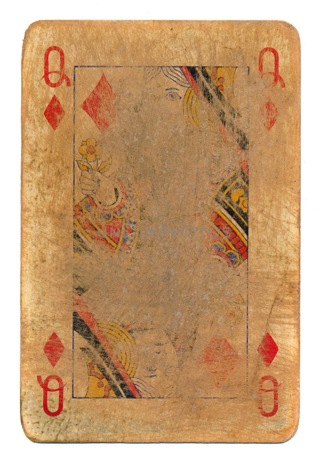 ancient used rubbed playing card queen of diamonds paper background. Isolated on white