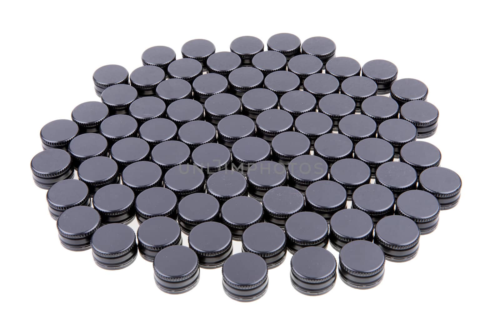 A Pile of Black Metal Screw Caps Isolated On White Background