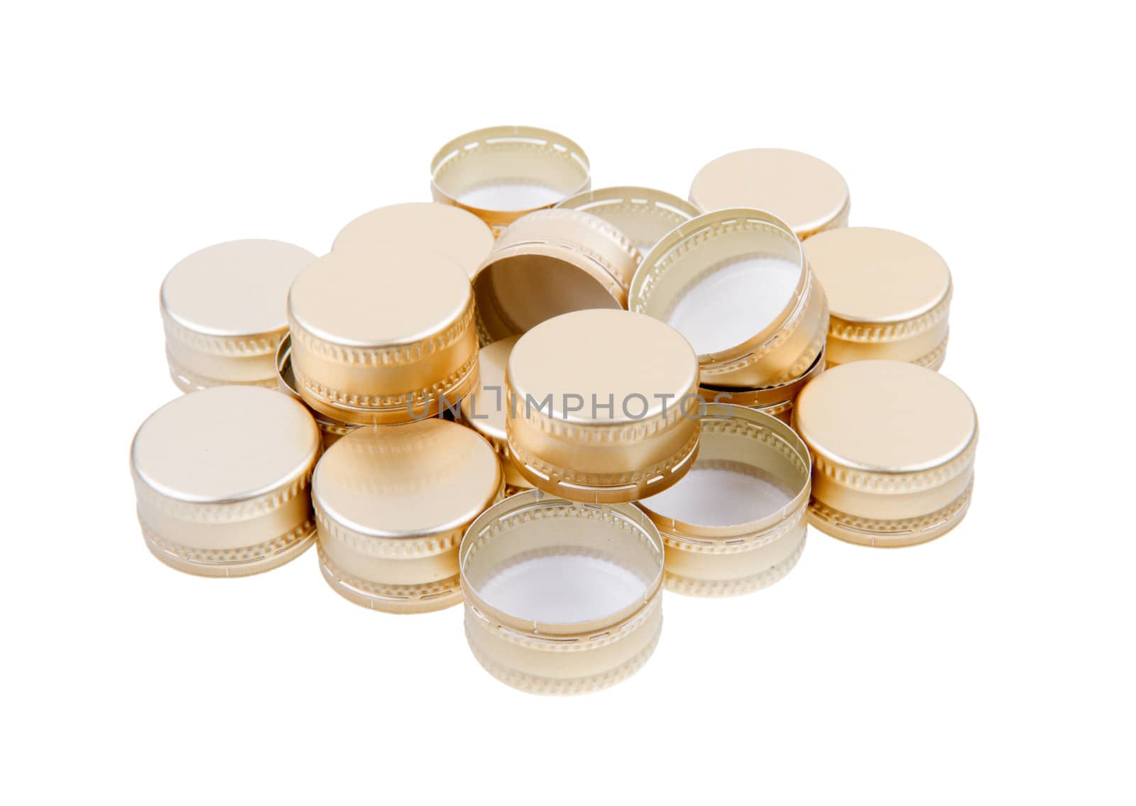 A Pile of Yellow Metal Screw Caps Isolated On White Background