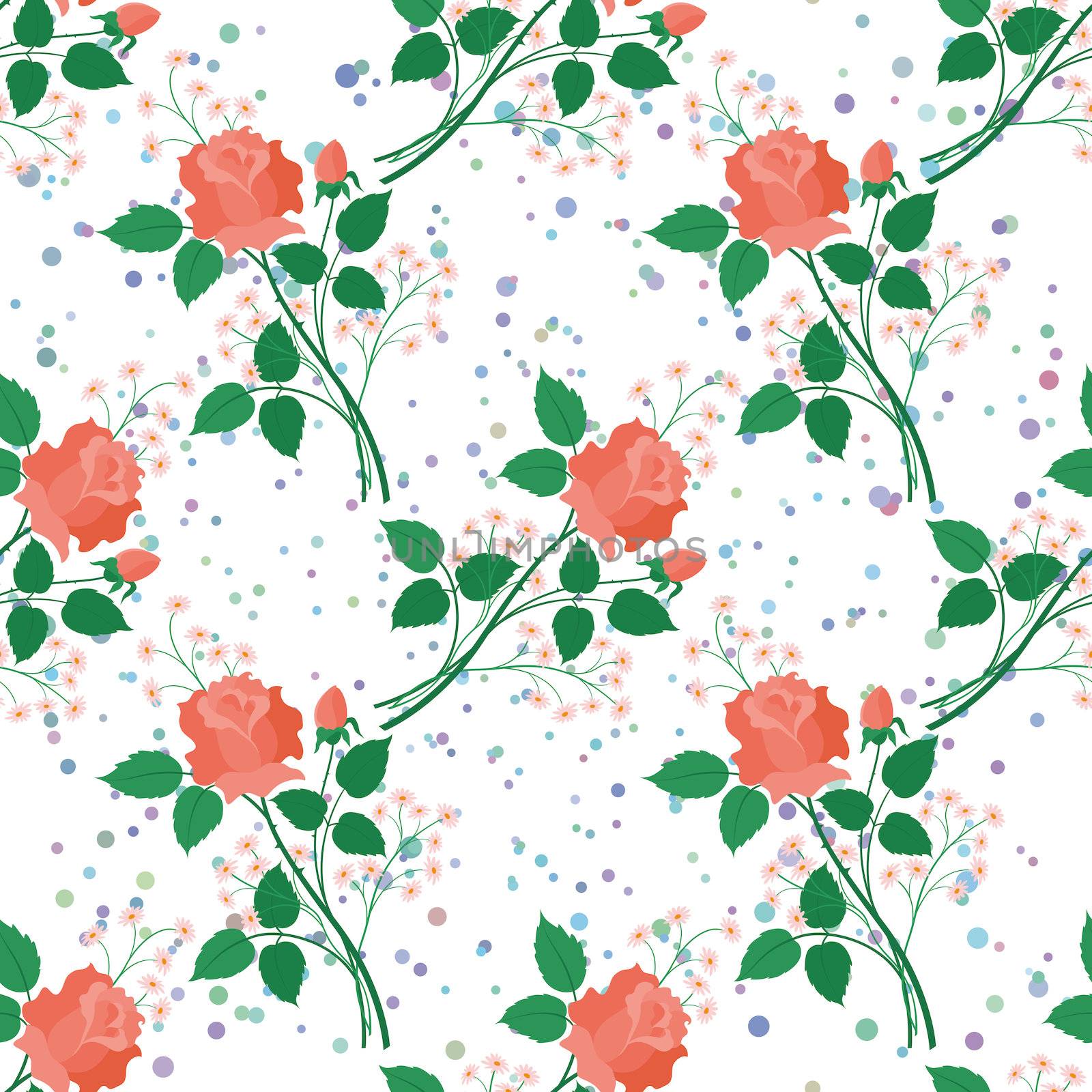 Seamless pattern, roses flowers and leaves on floral background.
