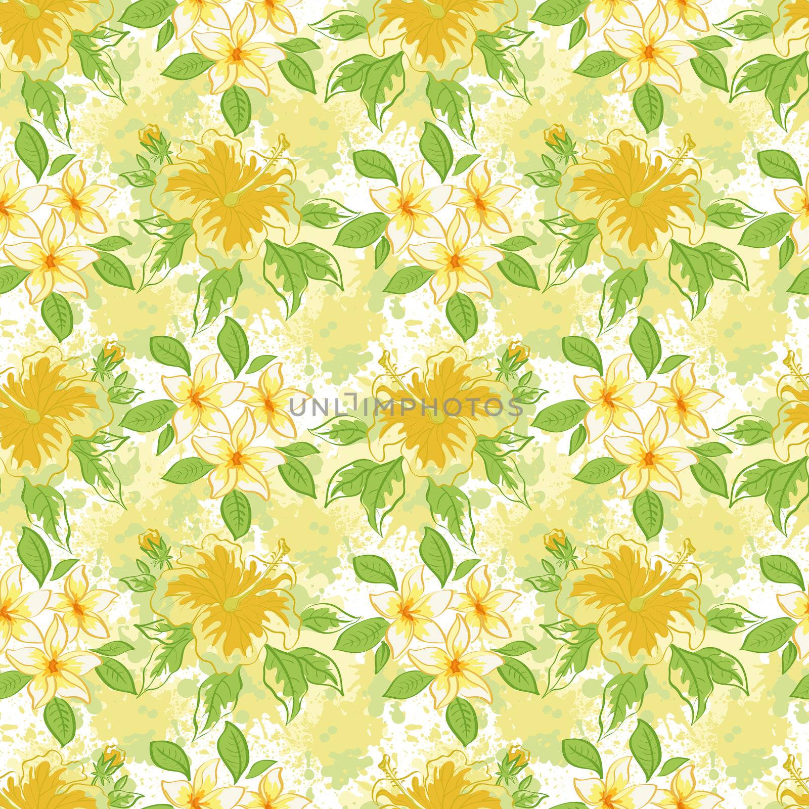 Seamless floral pattern, hibiscus and plumeria flowers on abstract background.