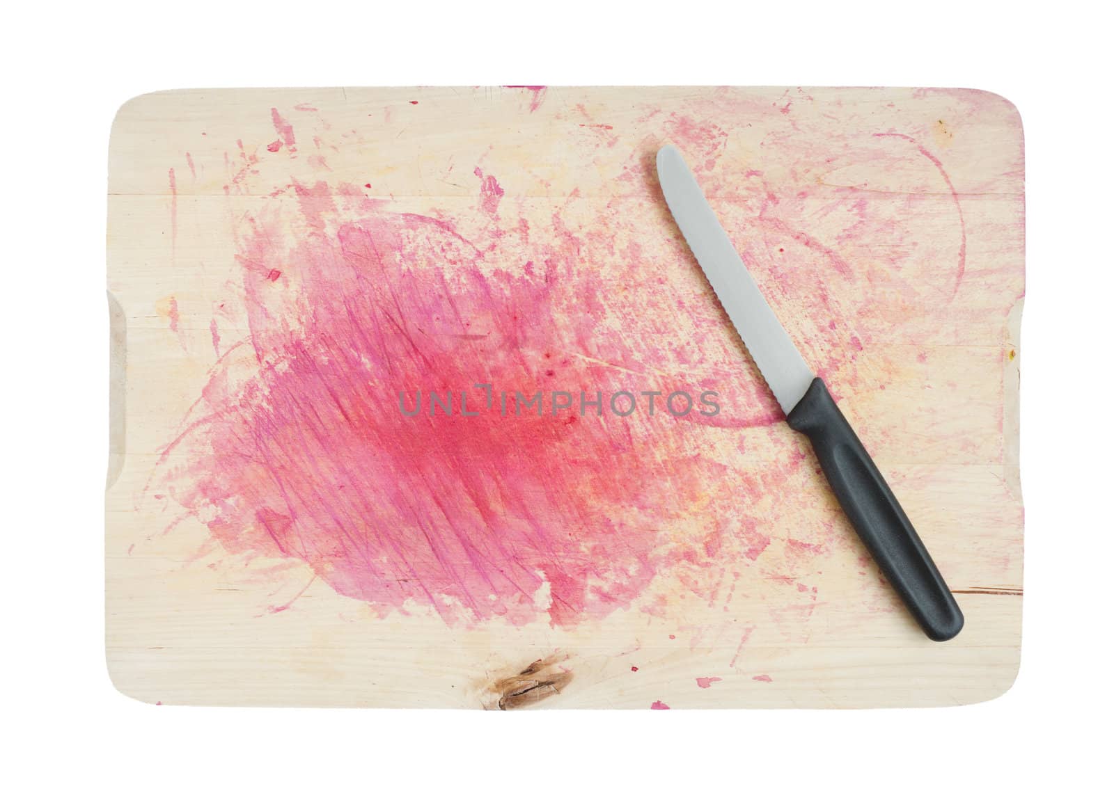 Breadboard with a knife isolated on a white background