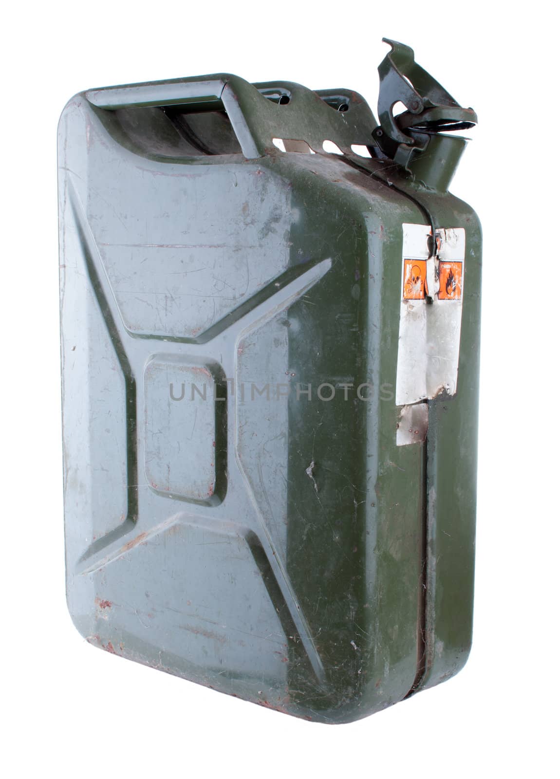 Old rusty green metallic jerry can isolated on white