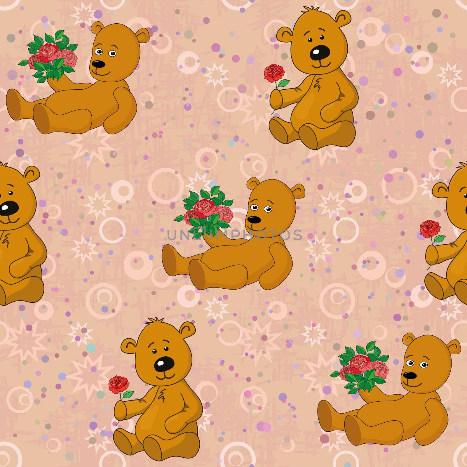 Seamless pattern, teddy bears and gifts flowers by alexcoolok