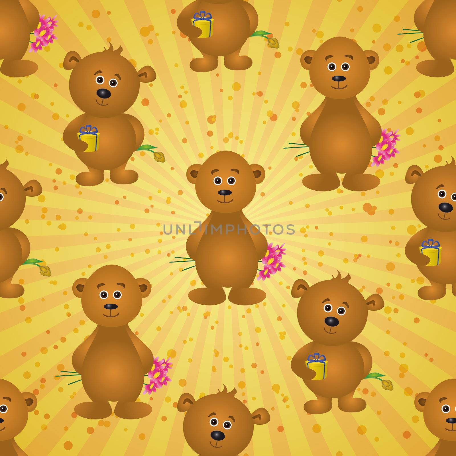 Seamless pattern, cartoon teddy bears with holiday gift boxes and flowers on abstract background. , contains transparencies.