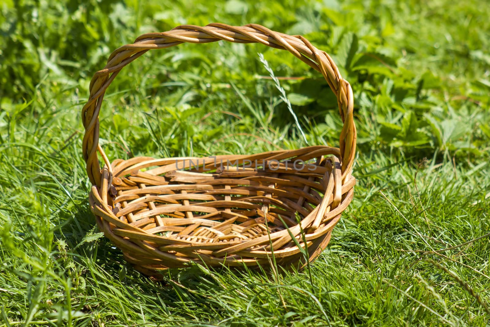 An empty wicker basket on the grass  by miradrozdowski