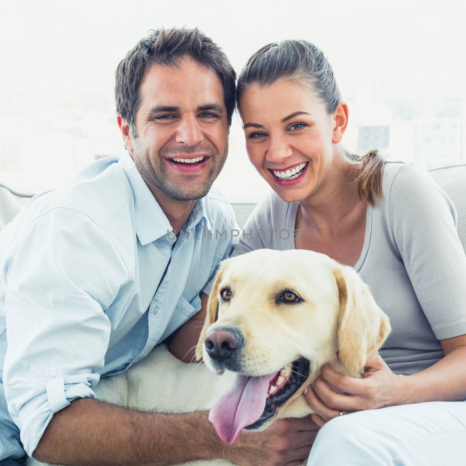 Happy couple petting their yellow labrador on the couch at home in the living room
