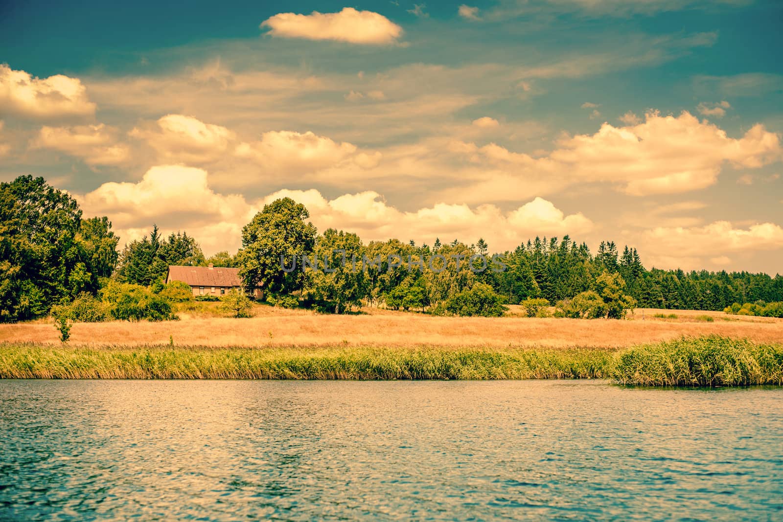 House by a riverside surrounded by fields and trees