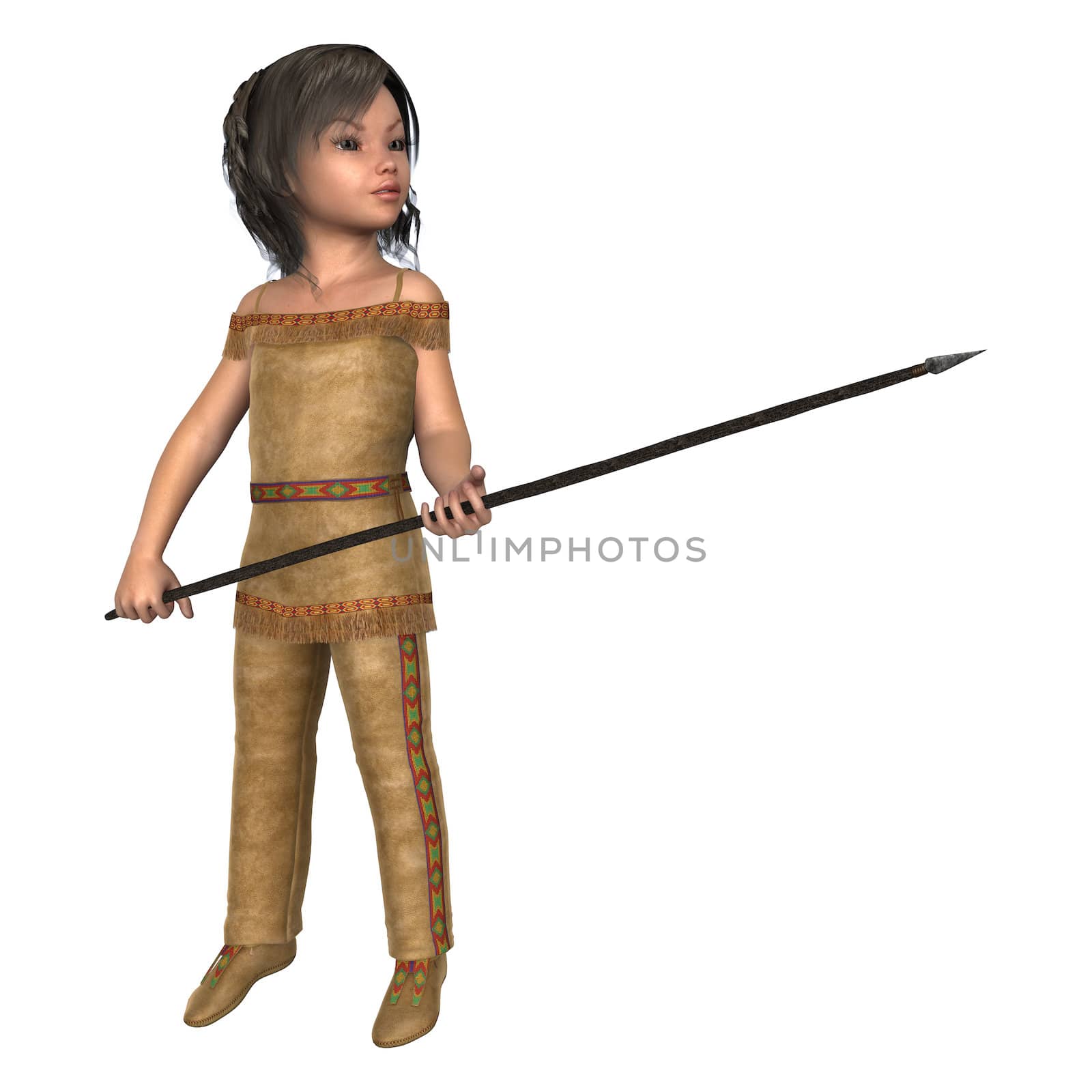 3D digital render of a cute little girl in an indiana costume holding a spear isolated on white background