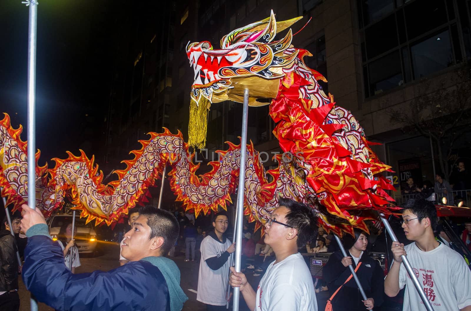 SAN FRANCISCO - FEB 15 : An unidentified participants in a Dragon dance at the Chinese New Year Parade in San Francisco , California on February 15 2014 , It is the largest Asian event in North America 