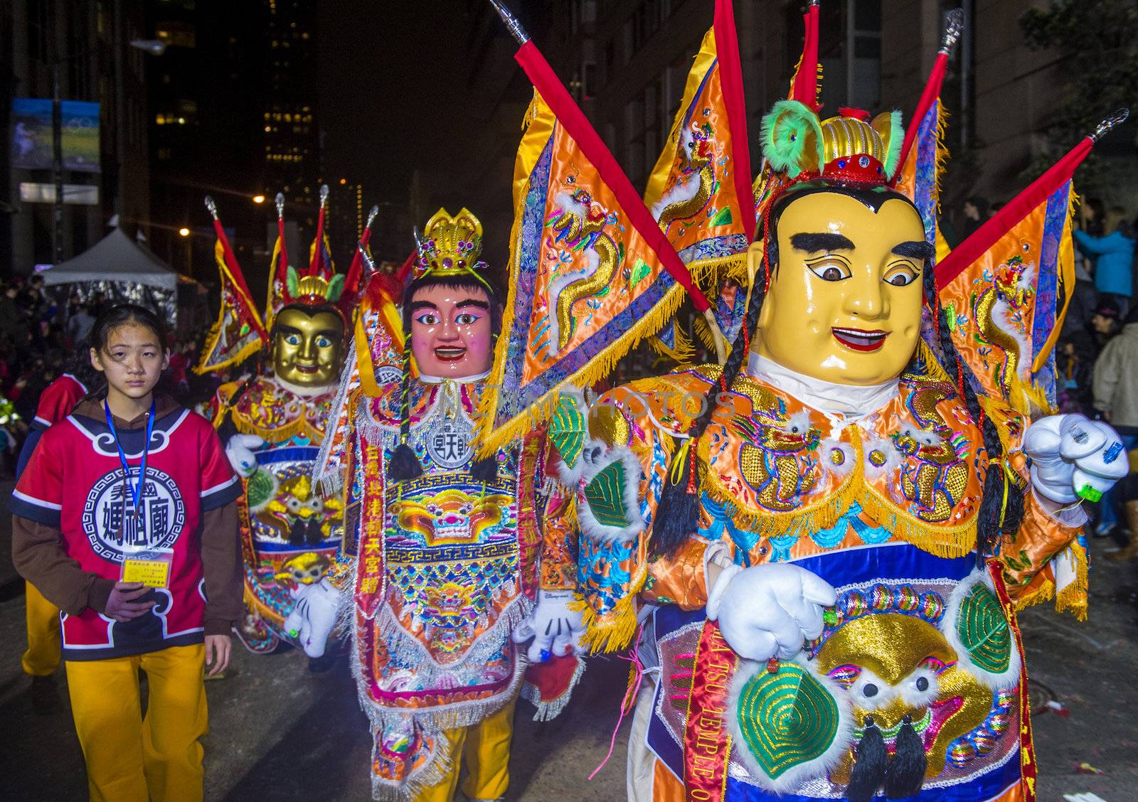 SAN FRANCISCO - FEB 15 : An unidentified participants with traditional man-size costumes at the annual Chinese new year parade on February 15 2014 on San Francisco , California