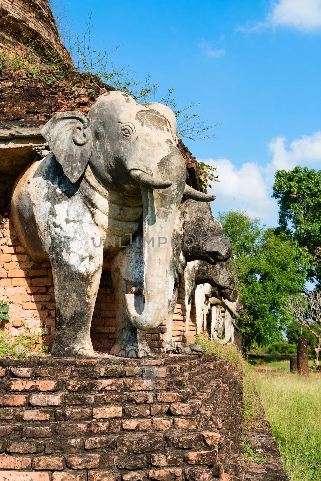 Elephants statues on ruins of Buddhist stupa or chedi in Sukhothai historical park in Wat Chang Lom temple. 