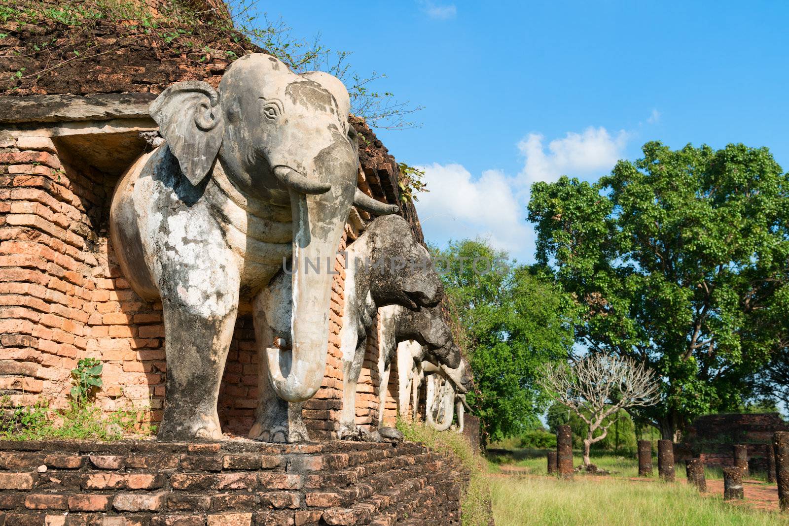 Elephants statues on ruins of Buddhist stupa or chedi in Sukhothai historical park in Wat Chang Lom temple. 