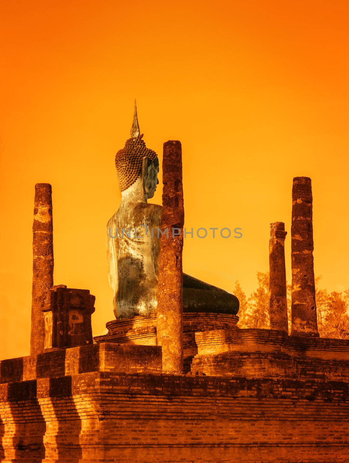 Buddha statue in old Buddhist temple ruins by iryna_rasko