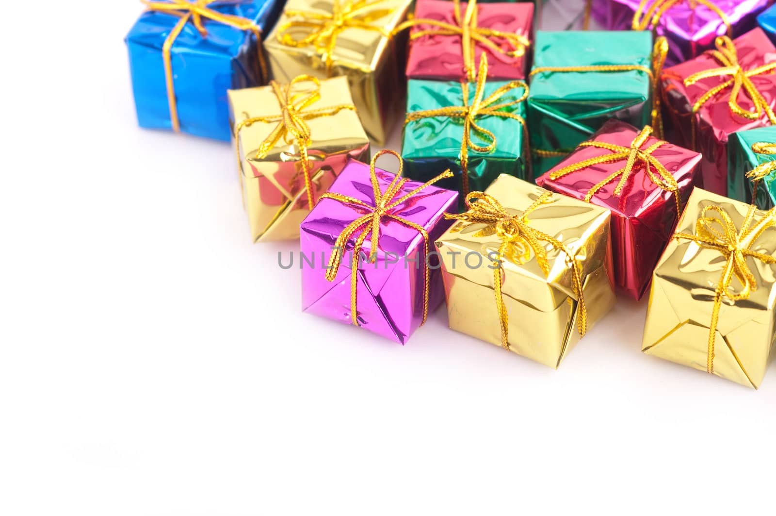 Collection of various gift wrapped presents, isolated on white background