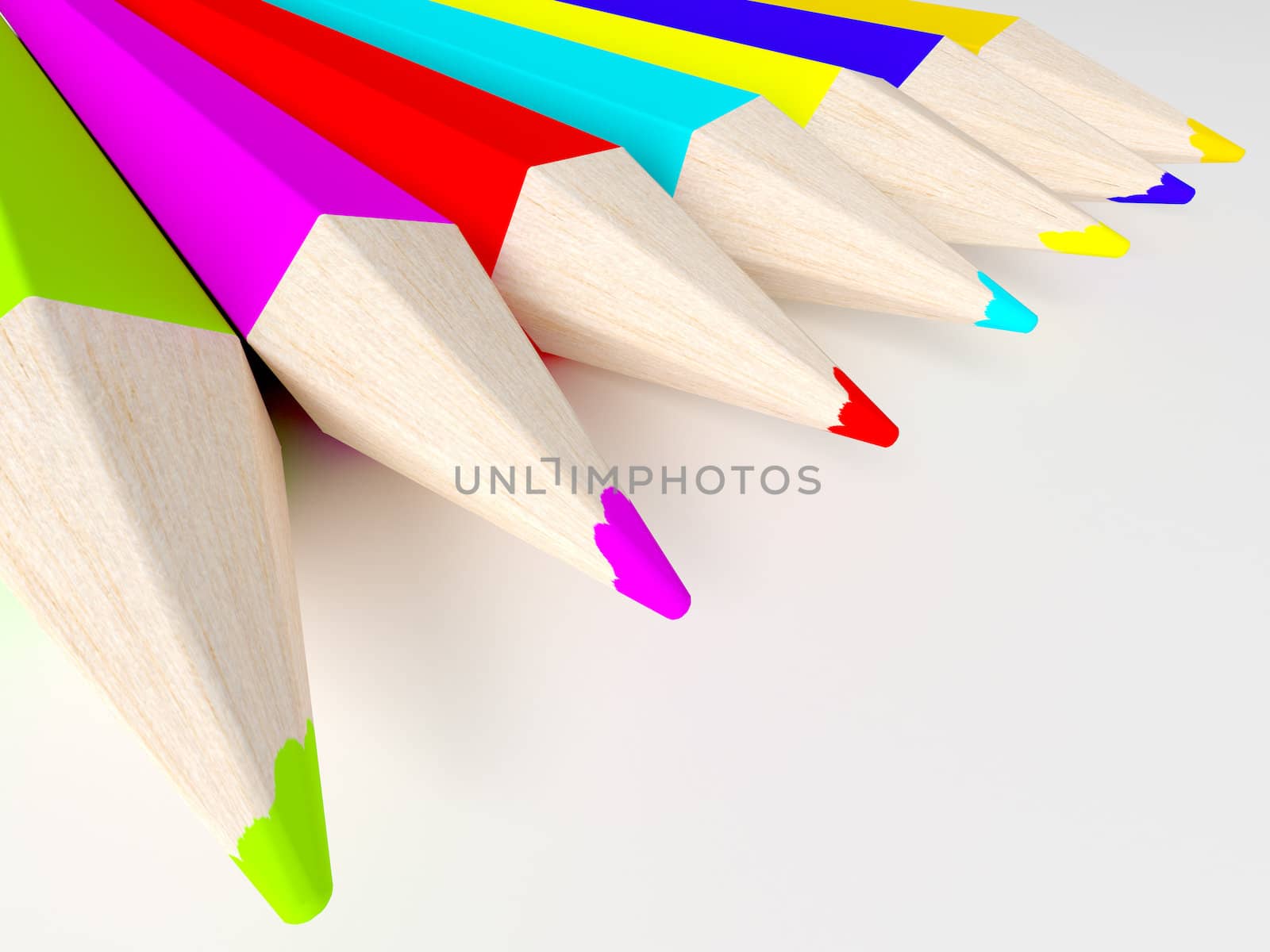 3D render of Colorful pencils on white background.