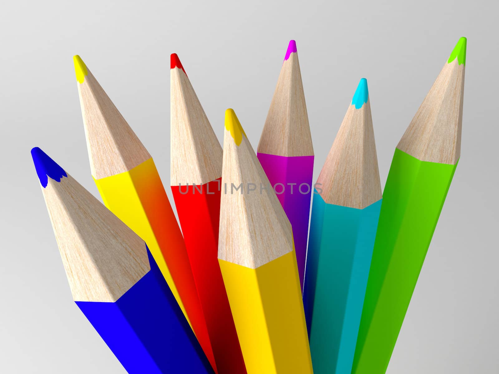 3D render of Pencils painted in different colors on white background.