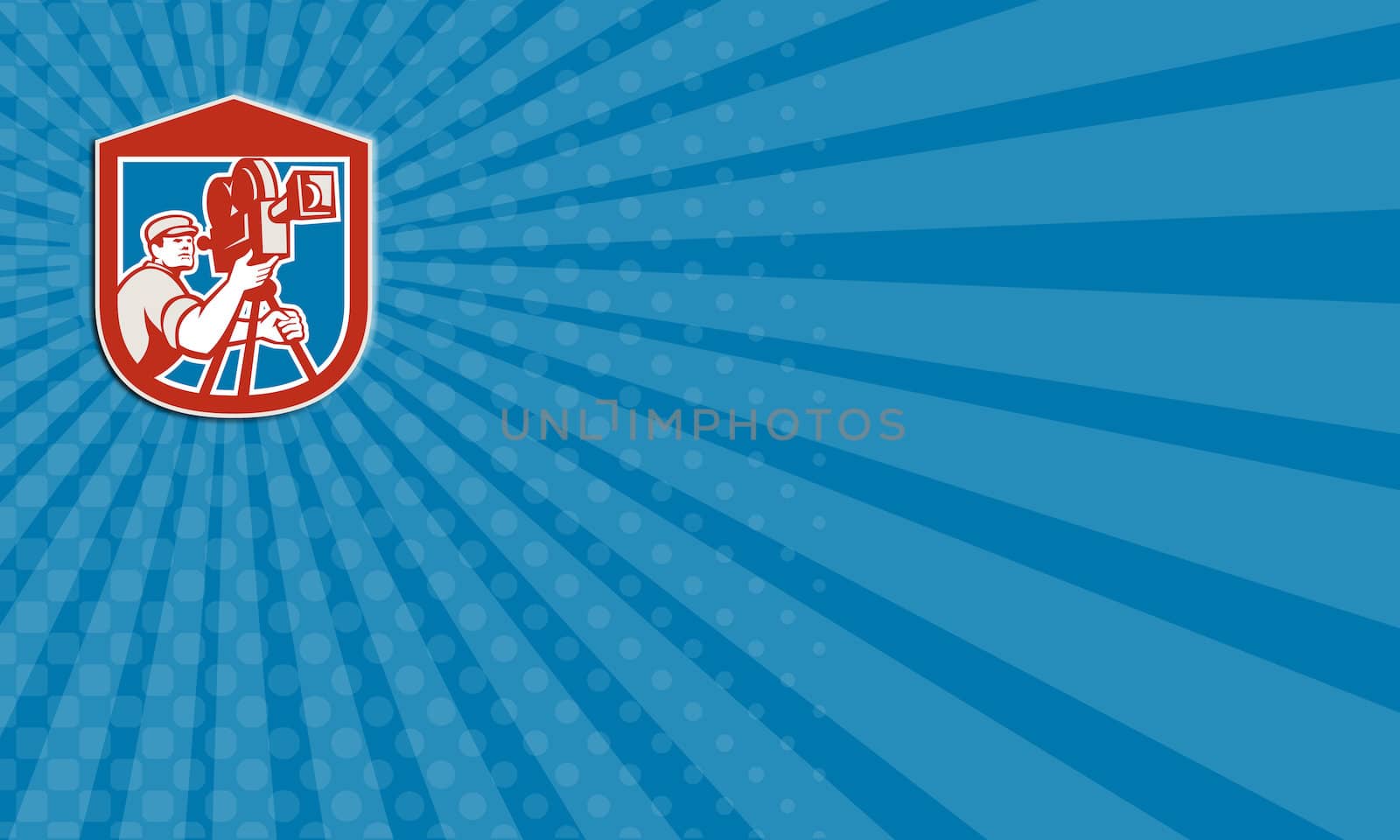 Business card showing illustration of a cameraman movie director with vintage movie film camera set inside shield crest on isolated background done in retro style.