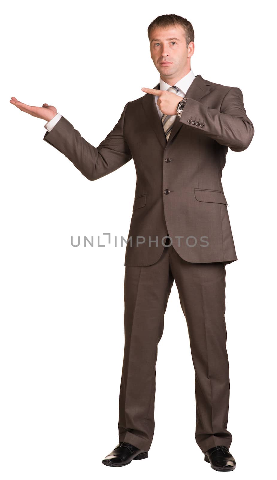 Businessman showing empty palm. Isolated on white background.