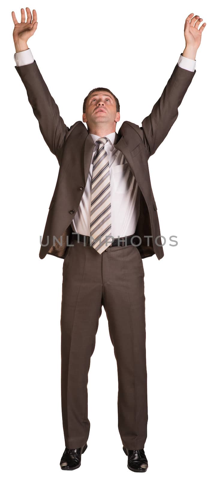 Businessman holding hands up in front of him. Isolated on white background.