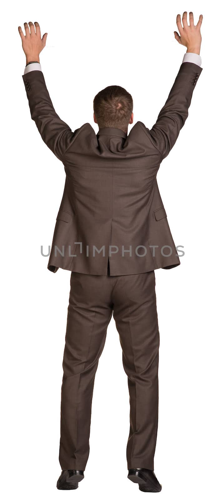 Businessman holding hands up in front of him. Rear view. Isolated on white background.