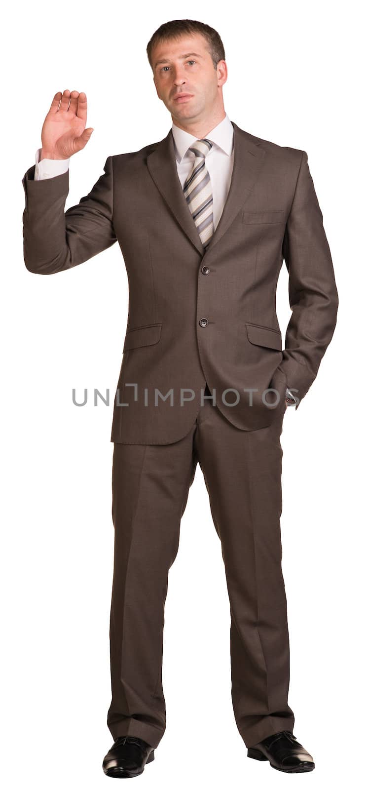Businessman hold card, mobile phone or other palm gadget. Isolated on white