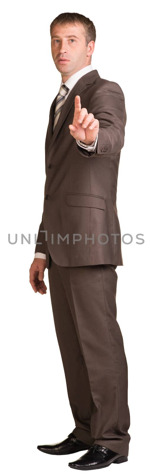 Businessman holding hand up in front of him. Isolated on white background.