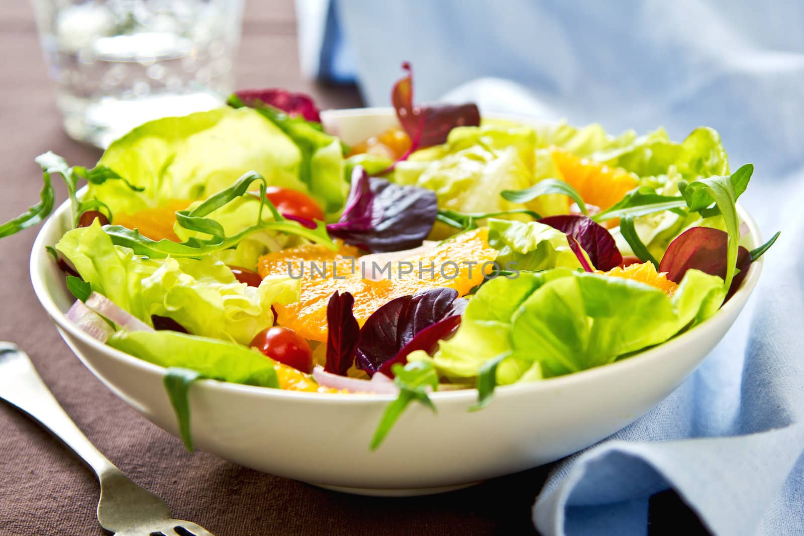 Orange with rocket and pomegranate salad in a bowl