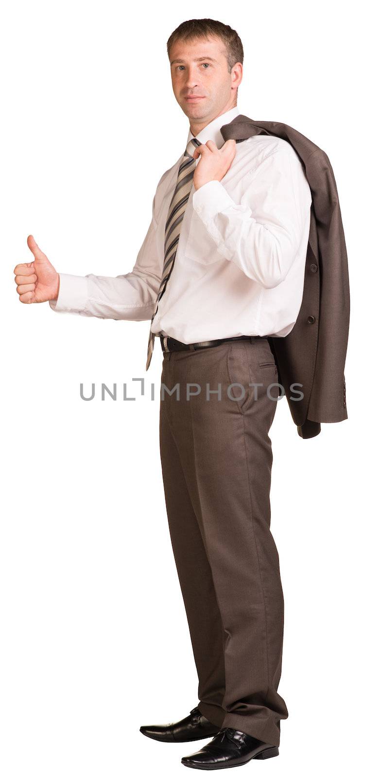 Business man showing thumb up. Isolated on white background