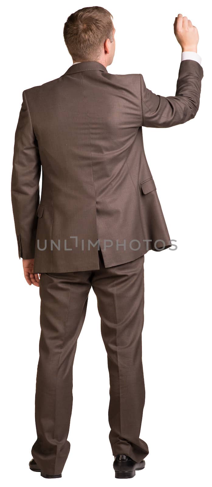 Businessman holding hand up in front of him. Rear view. Isolated on white background.