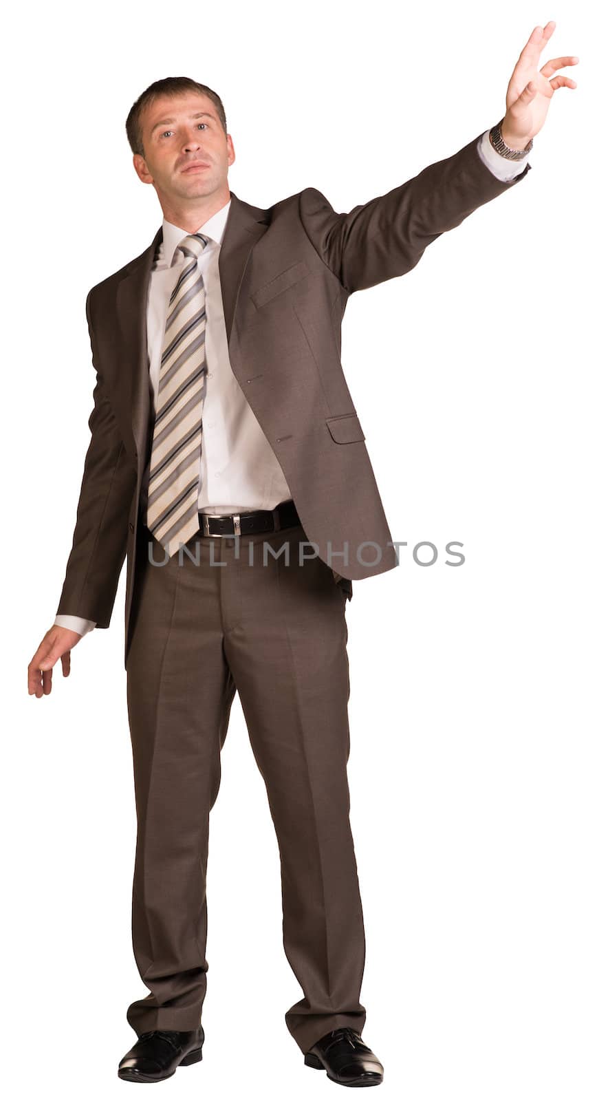 Businessman holding hand up in front of him by cherezoff