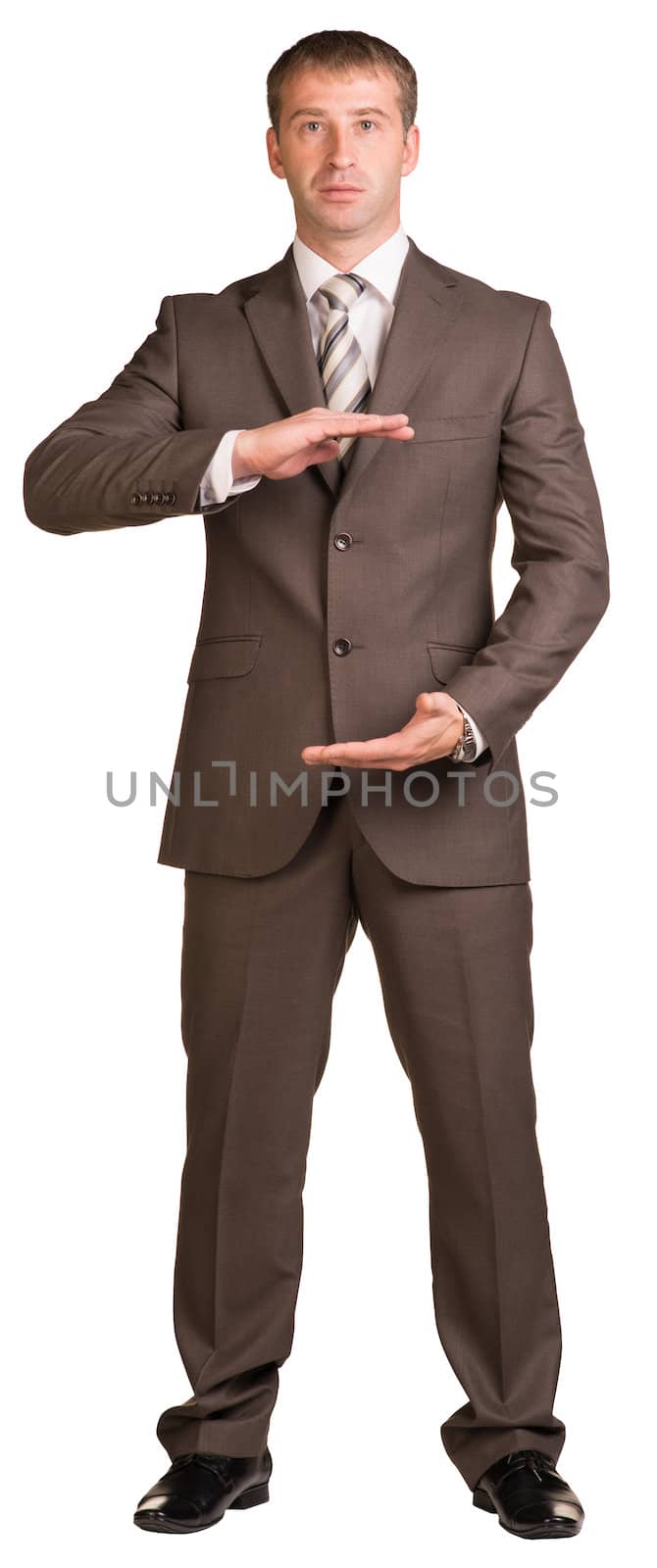 Businessman holding hands in front of him. Isolated on white background.