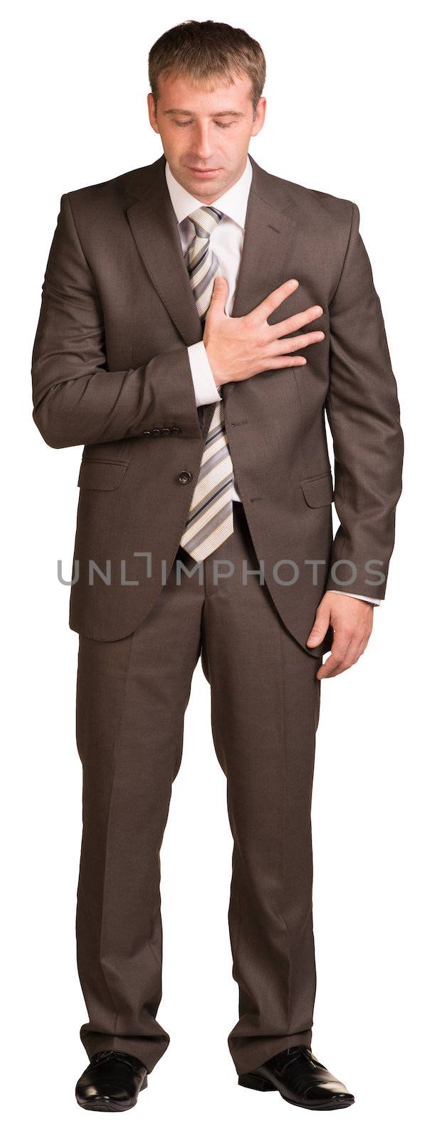 Businessman holding his heart. Isolated on white background.