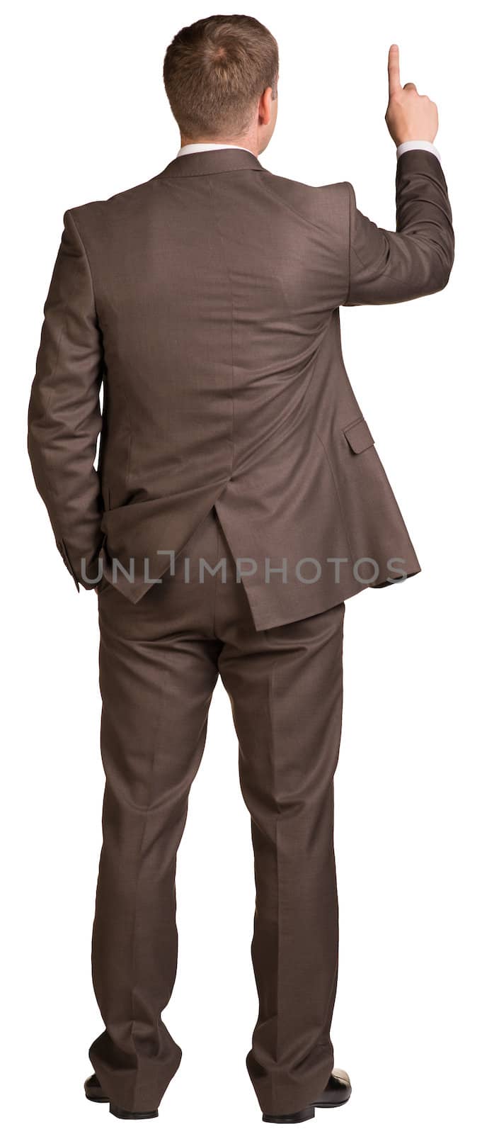 Businessman holding hand up in front of him. Rear view. Isolated on white background.