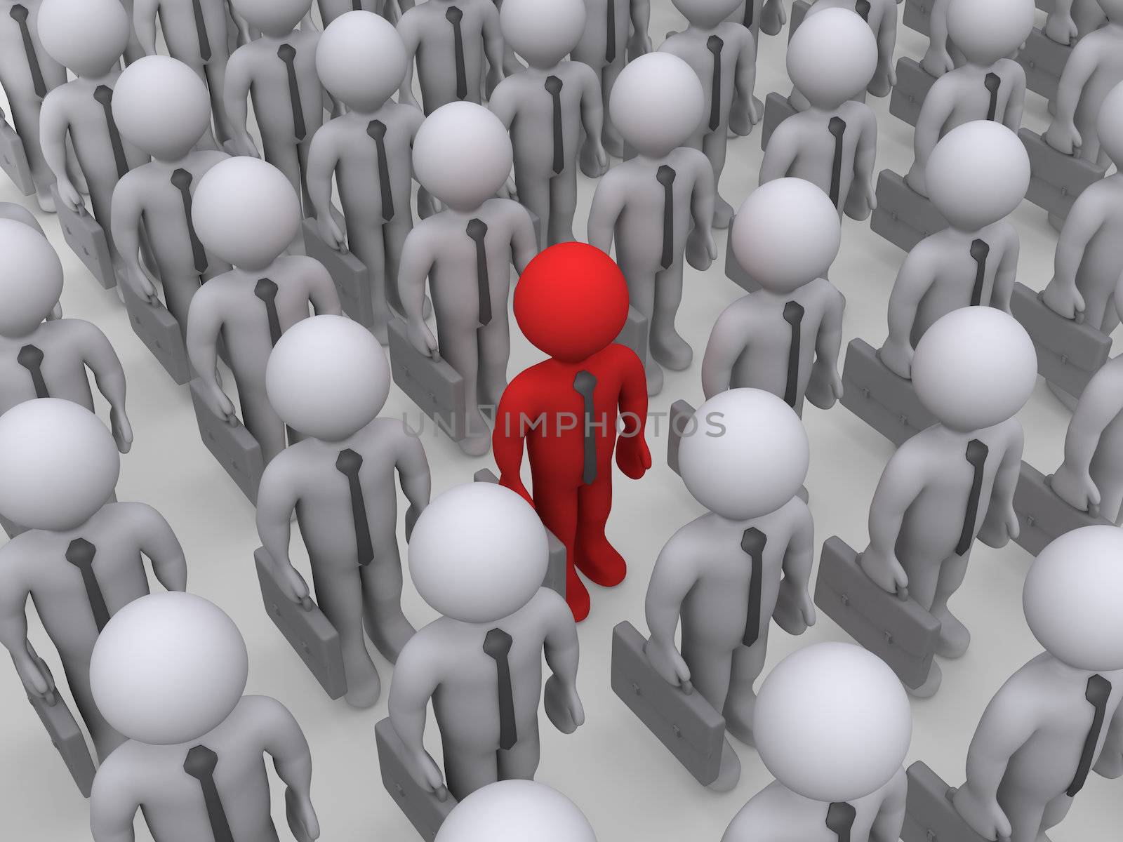 3d different colored businessman amongst a crowd of others