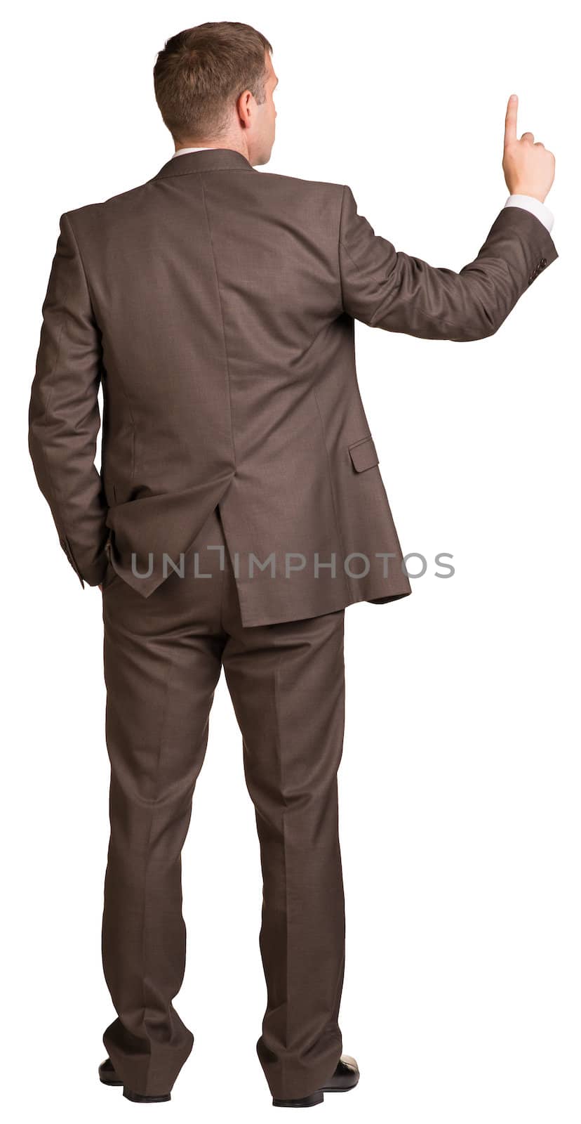 Businessman holding hand up in front of him. Rear view. Isolated on white background.