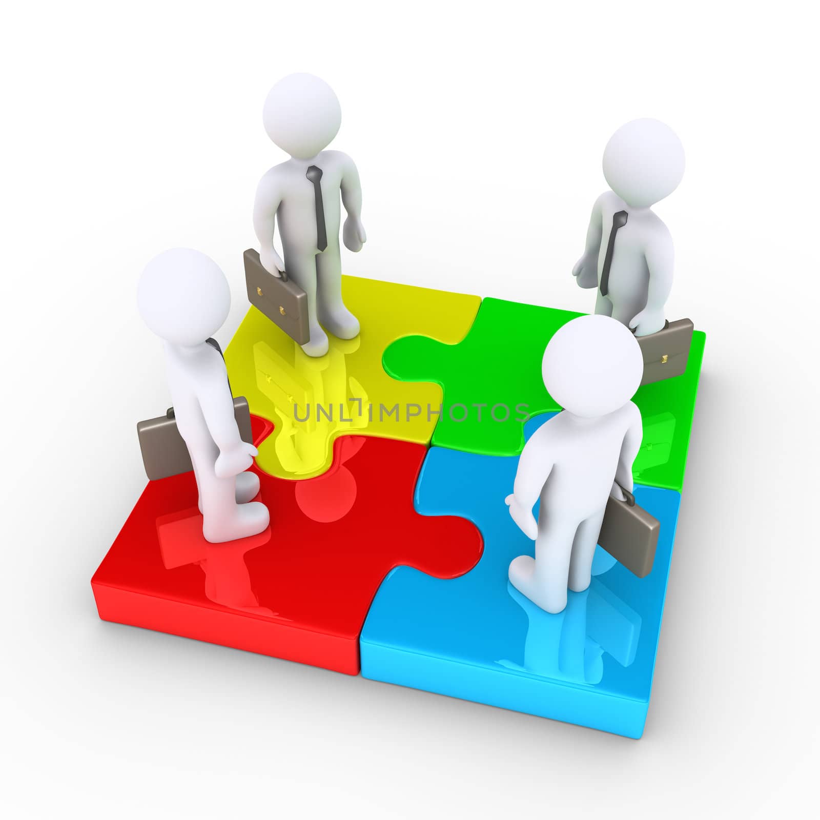 Four 3d businessmen are standing on different colored puzzle pieces