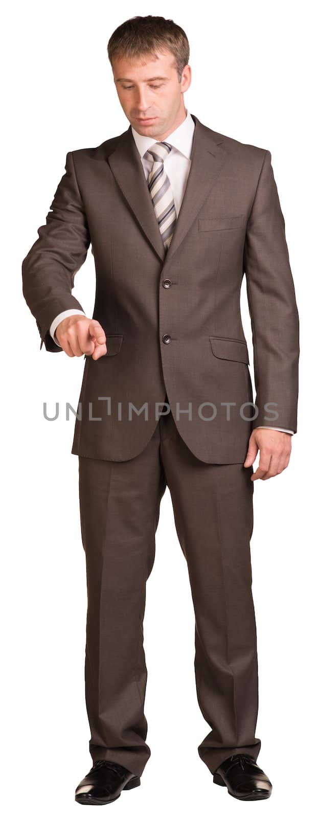 Businessman holding hand up in front of him. Isolated on white background.